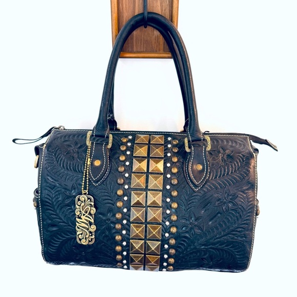 American West Satchel Black Tooled Leather Studded Doctor Bag Style 7420732 - Picture 1 of 16